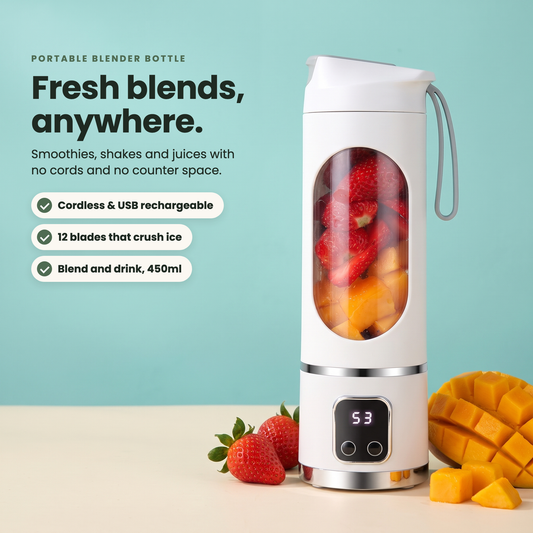 Cloud White portable blender bottle with strawberries and mango: fresh blends anywhere